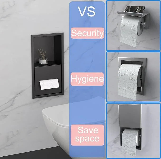 Black Toilet Paper Holder with Recessed Wall Niche for Storage,Stainless Steel in Wall Toilet Paper Dispenser with Shelf,15.9inX7.9inX4.9in (Matte Black) - ModernBath