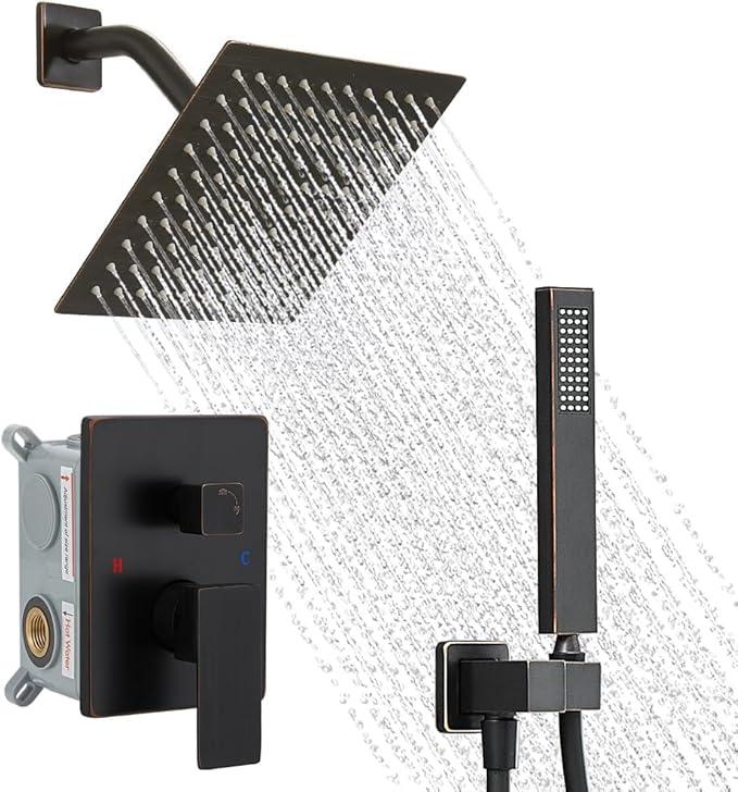 YCAIKOI Oil Rubbed Bronze Shower System, 8 Inch High Pressure Rain Shower with Handheld, Wall Mount Shower Faucet Set for Bathroom, Rough-in Valve Body and Trim Included - ModernBath