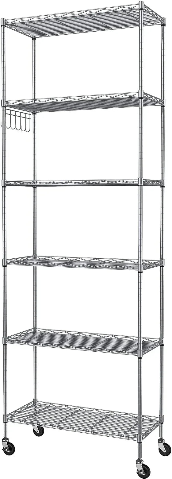 Homdox 6-Tier Storage Shelf Wire Shelving Unit Free Standing Rack Organization with Caster Wheels, Stainless Side Hooks, Silver Gray | Rack Organization, with Caster Wheels, Stainless Side Hooks - ModernBath
