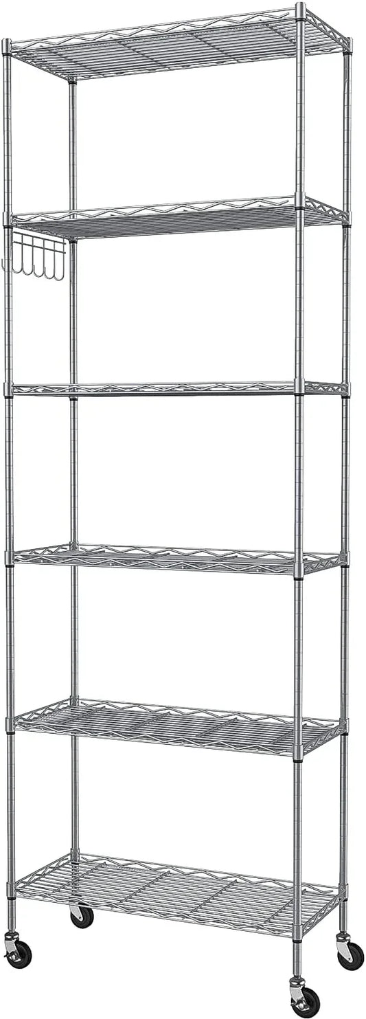 Homdox 6-Tier Storage Shelf Wire Shelving Unit Free Standing Rack Organization with Caster Wheels, Stainless Side Hooks, Silver Gray | Rack Organization, with Caster Wheels, Stainless Side Hooks - ModernBath