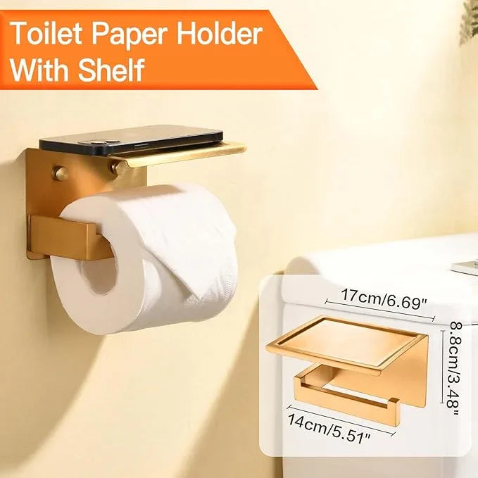 Bathroom Towel Bar Set 5 Pieces Brushed Gold Modern Bathroom Hardware Accessories Set Wall Mounted Include 16-InchTowel Bar,Towel Rack,Toilet Paper Holder with Shelf,Towel Robe Hook - ModernBath