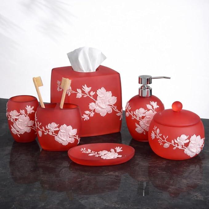 Decozen Bathroom Accessories Set 6Pcs – Soap Dispenser, Toothbrush Holder, Tumbler, Soap Dish & Cotton Swab Jar – Modern Bathroom Decor, Bath Set for Valentines Day Gifts Valentines Decor, Savannah - ModernBath