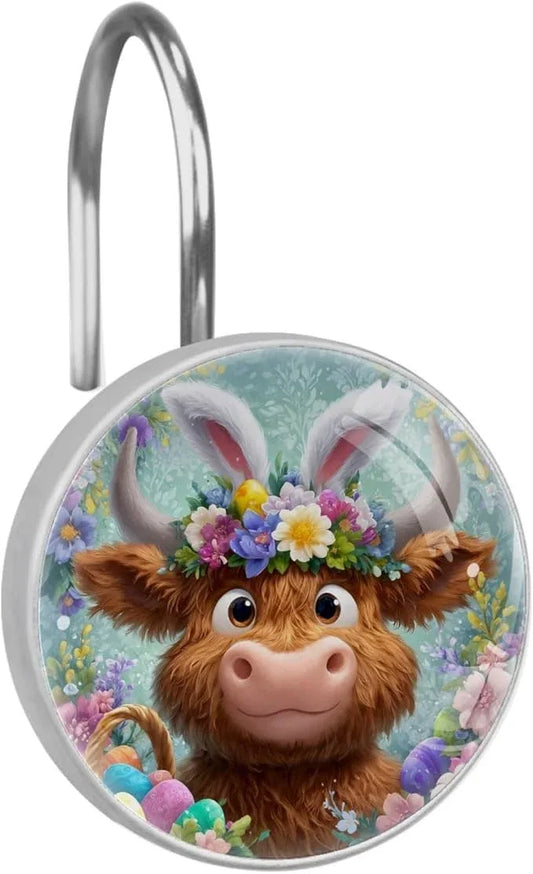 Easter Highland Cows and Florals Shower Curtain Hooks 12Pcs, Decorative Rust Resistant Shower Rings for Shower Curtain Rods, Stainless Steel Round Curtain Hooks for Bathroom, Bedroom, Farmhouse - ModernBath