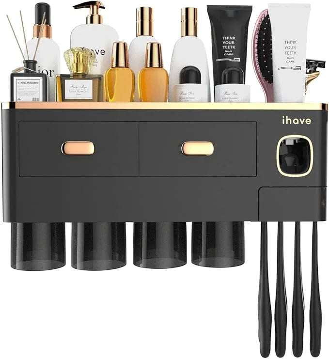 iHave Toothbrush Holders Wall Mounted with Toothpaste Dispenser & 4 Cups - Luxury Black and Gold Design for Bathroom Decor, All-in-One Bathroom Organizers & Storage for Toothbrushes and Accessories - ModernBath