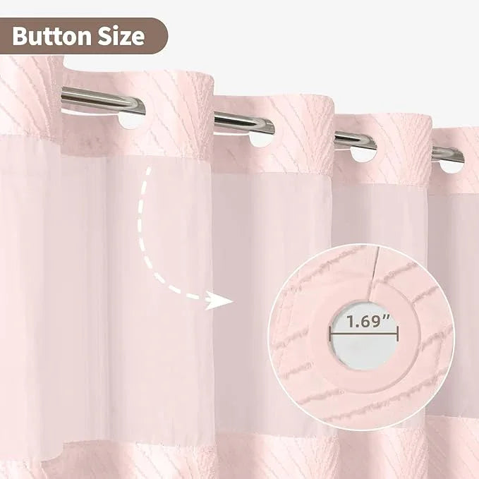 eachope no Hook Shower Curtain and Liner Set，Boho Style with See Through Top Window, Pink Fabric Tufted Striped Textured Outer Curtain & Waterproof Inner Liner, Pink, 71Wx80H - ModernBath