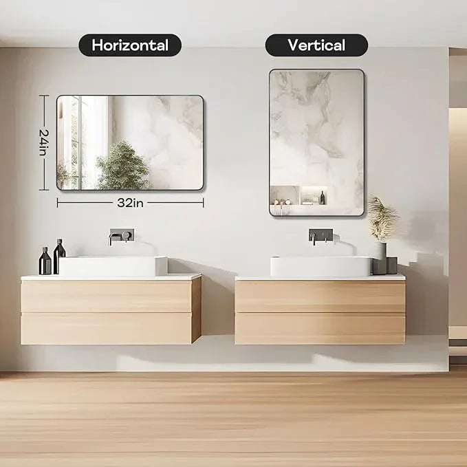 Minuover Black Framed Bathroom Mirror for Wall, Matte Black Rounded Corner Rectangle Vanity Mirror, Brushed Frame, Tempered Glass, Anti-Rust, Hangs Horizontally or Vertically (24" x 32", Black) - ModernBath