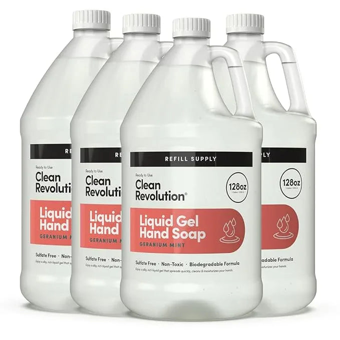 Clean Revolution Liquid Gel Hand Soap, Silky Rich Liquid, Quick Lather, Fast Rinsing, (Geramium Mint) 128 Fl Oz, 4 Pack - Made in USA - ModernBath