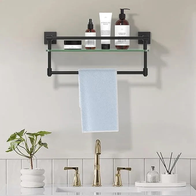 Glass Shelf for Bathroom 16 Inch Bathroom Shelves with Towel Bar, Tempered Glass Shelves with Stainless Steel Towel Holder for Wall Shelf Sink Over Toilet (Matte Black) - ModernBath
