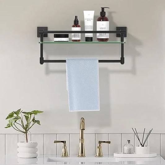 Glass Shelf for Bathroom 16 Inch Bathroom Shelves with Towel Bar, Tempered Glass Shelves with Stainless Steel Towel Holder for Wall Shelf Sink Over Toilet (Matte Black) - ModernBath