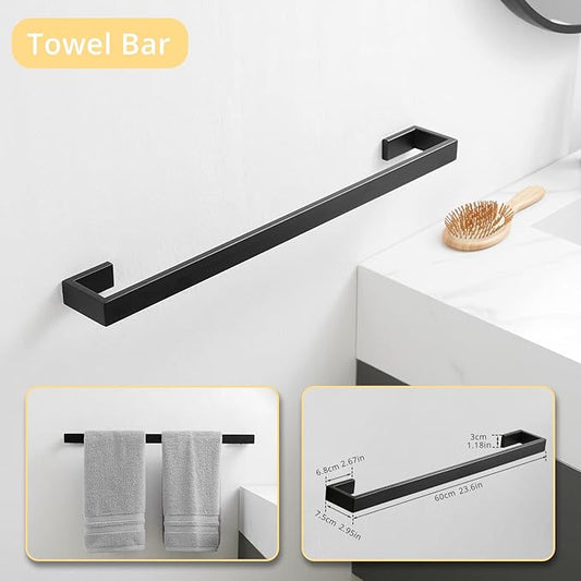 Fapully 23.6-Inch 6 Piece Bathroom Hardware Accessories Set Stainless Steel Wall Mounted Matte Black Include Towel Bar,Hand Towel Holder,Toilet Paper Holder,Robe Towel Hook,Coat Hook,Towel bar Set.