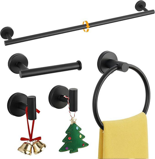 5-Piece Black Bathroom Hardware Set - 24 Inch Towel Bar, 2 Robe Towel Hooks, Toilet Paper Holder, Towel Ring, Wall Mounted Bathroom Accessories (Matte Black Finish) - ModernBath