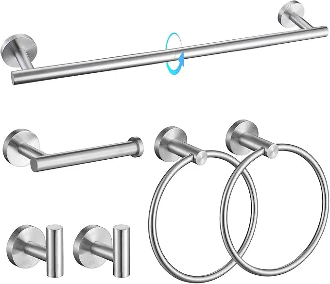 TQKAG Brushed Nickel Bathroom Hardware Set 6-Piece Bathroom Accessory Set 23.6 Inch Round Stainless Steel Towel Bar Set Wall Mounted - ModernBath