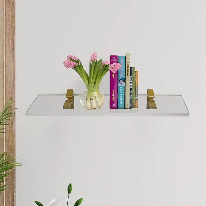 Clear Acrylic Shelves 14.5 inches, 3/4" Thick Transparent Wall Mounted Floating Shelves for Bedroom, Living Room, Bathroom, Kitchen -‎ with Screws and Brass Finish Brackets, Pack of 2 - ModernBath