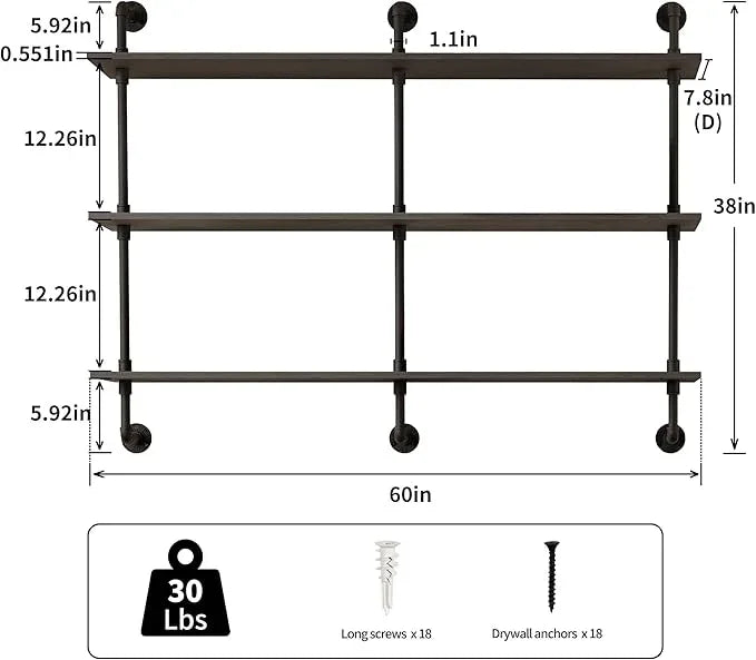 3-Tier Industrial Pipe Floating Shelf – Rustic 60 inch Wood Wall-Mounted Storage Shelf for Kitchen Office,Bathroom & Home Decor -Black - ModernBath