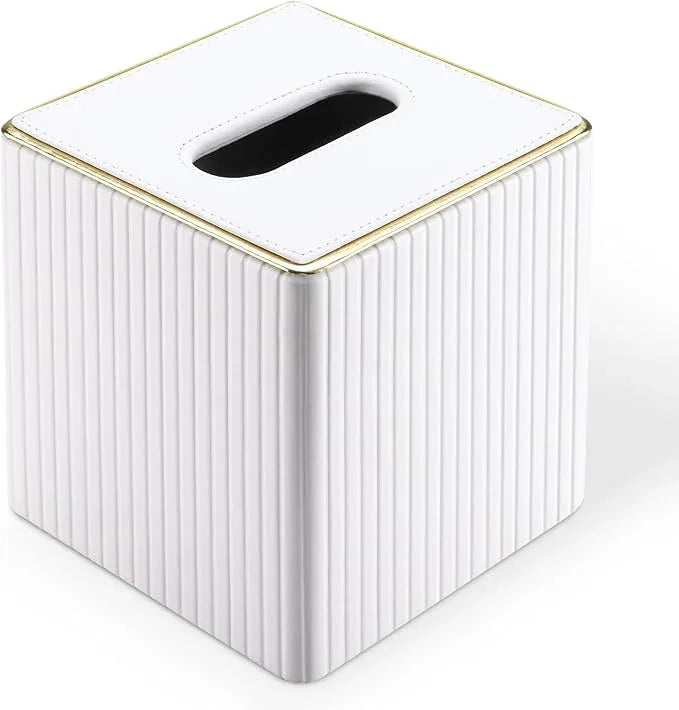 KINGFOM Tissue Box Cover, PU Leather Square Tissue Box Holder for Kleenexs with Magnetic Bottom Cover for Facial Tissues/Napkins, Office & Living Room Decor Box White - ModernBath