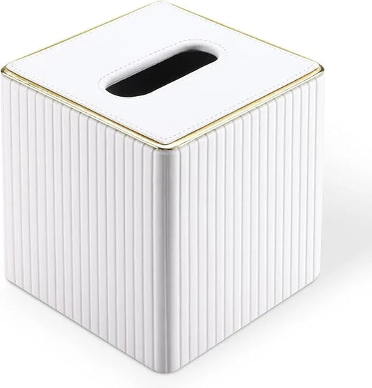 KINGFOM Tissue Box Cover, PU Leather Square Tissue Box Holder for Kleenexs with Magnetic Bottom Cover for Facial Tissues/Napkins, Office & Living Room Decor Box White - ModernBath