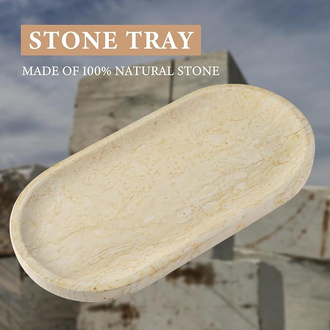 Koville Natural Marble Tray for Home Decor, 12"x6" Marble Vanity Tray for Dresser, Stone Perfume Organizer Jewelry Dish for Bathroom, Stone Catchall Storage Trays for Candles - ModernBath