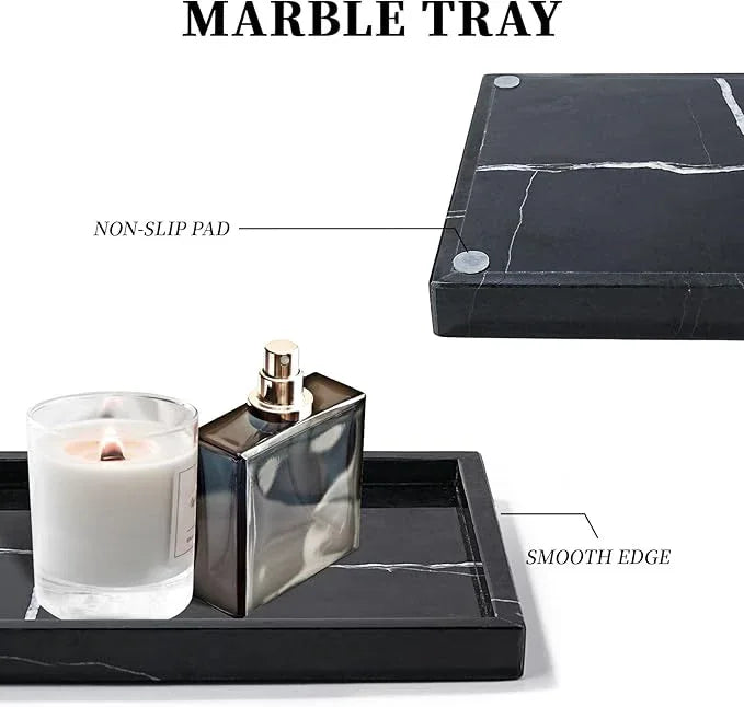 Amauto Natural Marble Vanity Tray Genuine Stone Storage Perfumes Tray Real Luxurious for Home Decor Bathroom/Vanity/Dresser Non-Resin/Non-Ceramic (Black) - ModernBath