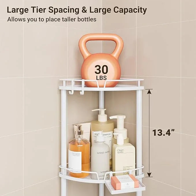 ELYKEN Corner Shower Caddy Standing, 3 Tier Rustproof Metal Shower Organizer with Soap Holder, Floor Shower Corner Shelf Rack Storage Stands with Adjustable Feet & 2 Hooks for Bathroom, White - ModernBath