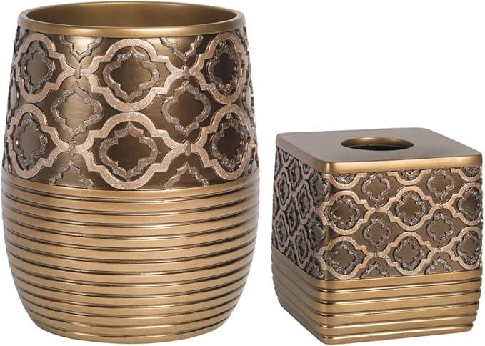 Zahari Home 2pc Spindle Modern Bath Accessories Set Waste Basket & Tissue Box Modern Classic Contemporary Decorative Beautiful Designs Bathroom Decor Set for Home Gold Complete Bathroom Sets - ModernBath