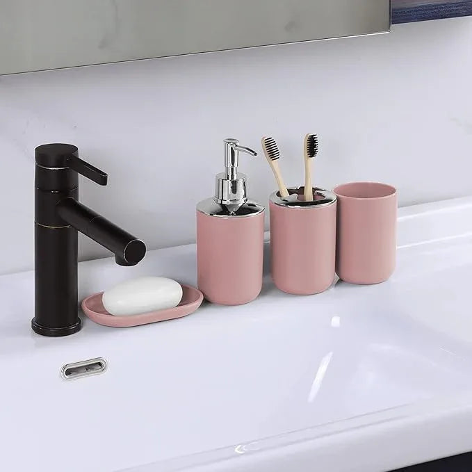 IMAVO Bathroom Accessories Set,Pink Bathroom Set,9 Pieces Bathroom Accessory Set,Tray,Qtip Holders,Toilet Brush,Trash Can for Bathroom Décor and Home Gifts - ModernBath