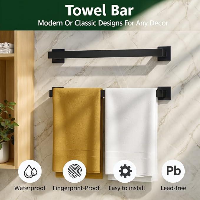 Matte Black 5-Piece Bathroom Hardware Set， INDARE Towel Rack for Bathroom Wall Stainless Steel， Black Bathroom Accessories Set 23.8-Inch - ModernBath