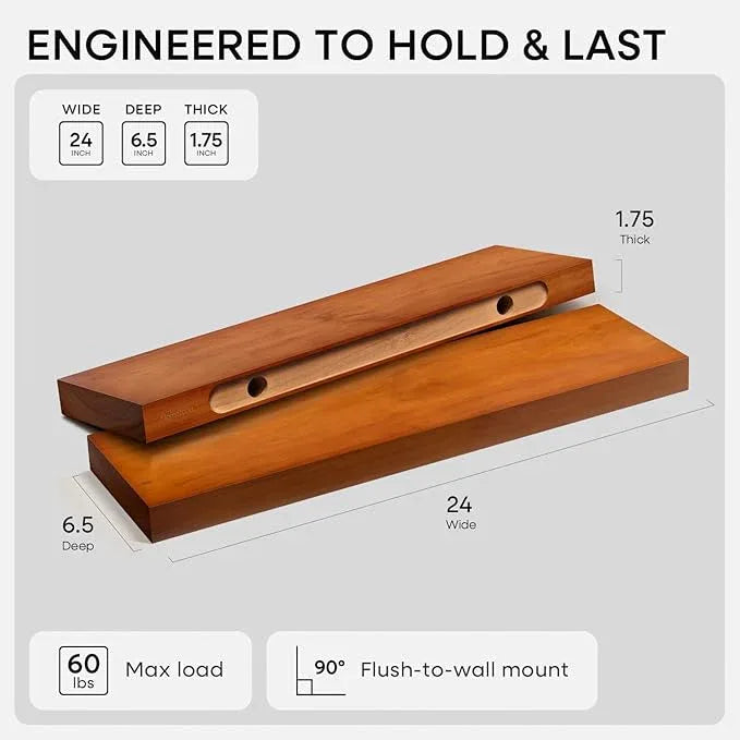 Homeforia 24inch Oak Floating Shelf for Wall, High End Solid Real Wood 24 inches Long Floating Shelves for Bathroom, Honey Oak Wooden Floating Shelves, Heavy Duty Bracket, 24 X 6.5 X 1.75 in, Set of 2 - ModernBath