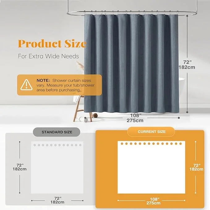 BTTN Extra Wide Shower Curtain - 108 x 72 Inch Linen Textured Waterproof Fabric Shower Curtain Set with 18 Plastic Hooks, Simple Wrap Around Cloth Shower Curtains for Bathroom and Bathtub - Blue Gray - ModernBath