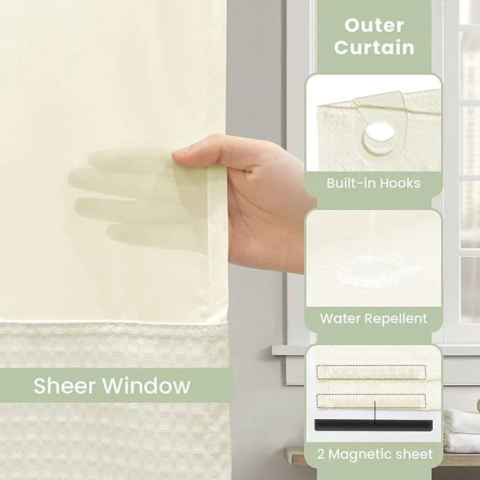 Inhousolu Long No Hook Shower Curtain with Snap in Fabric Liner Set Waffle Weave 230GSM Weighted Hem, Waterproof & Washable Bathroom Curtain Spa Luxury with Mesh Top Window 72" W x 78" L Ivory - ModernBath