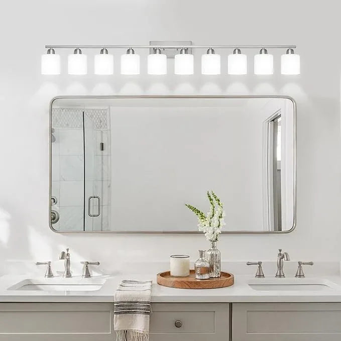 Brushed Nickel Bathroom Vanity Light for Giant Mirror, 10 Light Brushed Nickel Vanity Lights, 65 inch Wall Lamps for Bedroom for Mirrors with Milky White Frosted Glass Shades, E26 - ModernBath