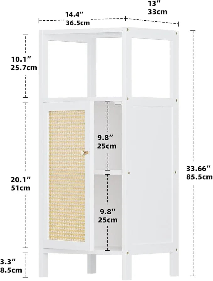 HITNET Bamboo Cabinet, Bathroom Storage Cabinet with Rattan Doors, Narrow Side Storage Organizer Freestanding Floor Cupboard for Small Space, White - ModernBath