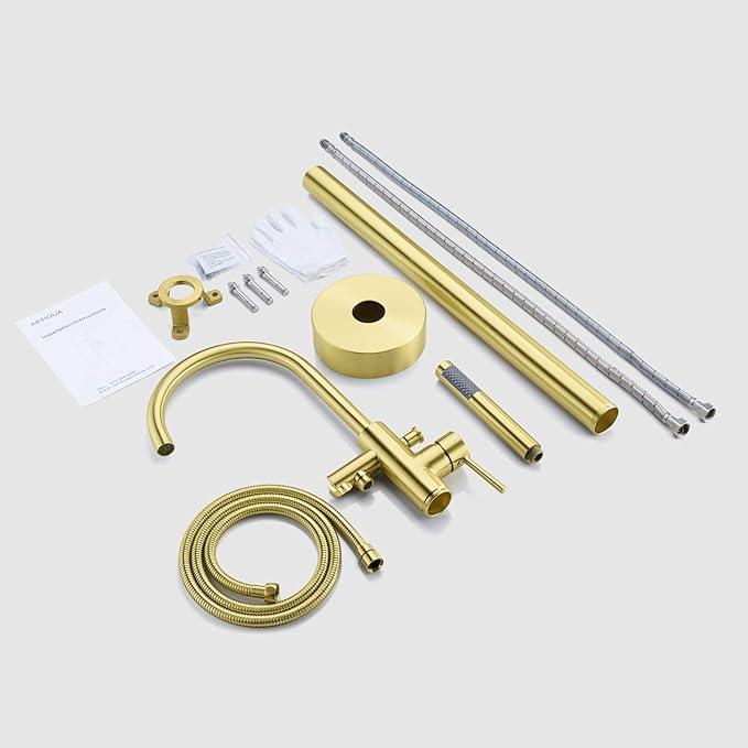 Freestanding Bathtub Faucet Tub Filler Brushed Gold Single Handle Floor Mounted Brass Faucets with Hand Shower - ModernBath