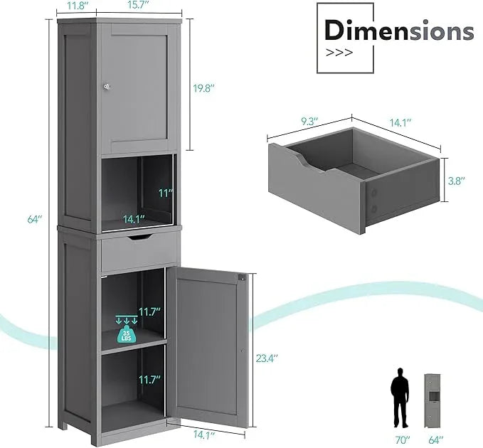 Vongrasig Tall Bathroom Storage Cabinet, 64”H Narrow Storage Unit for Small Spaces, Freestanding Modern Cabinet with Adjustable Shelves for Bathroom, Living Room, Kitchen, Grey - ModernBath