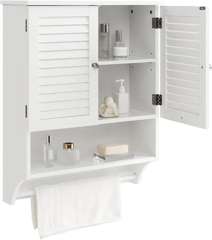Giantex Wall Mounted Medicine Cabinet with 2 Louvered Doors, 3-Position Adjustable Shelf, Towel Bar, Above Toilet Space Saver (White) - ModernBath