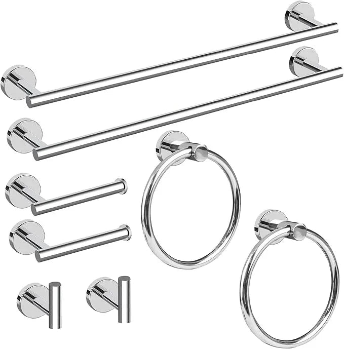 Cilee 8 Piece Polished Chrome Bathroom Hardware Set, 24inch Bathroom Towel bar+Towel Ring+Toilet Paper Holder+ Robe Towel Hook, SUS304 Stainless Steel Bathroom Accessory Set - ModernBath