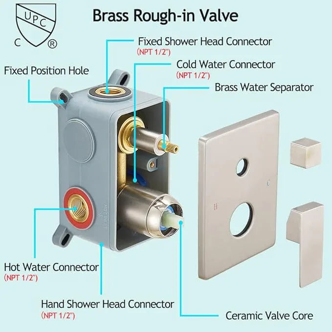 YCAIKOI Shower Faucet Set Complete, Wall Mount Shower System for Bathroom 12 Inch High-Pressure Rainfall Shower with Handheld, Rough-in Valve Body and Trim Kit, Brushed Nickel - ModernBath