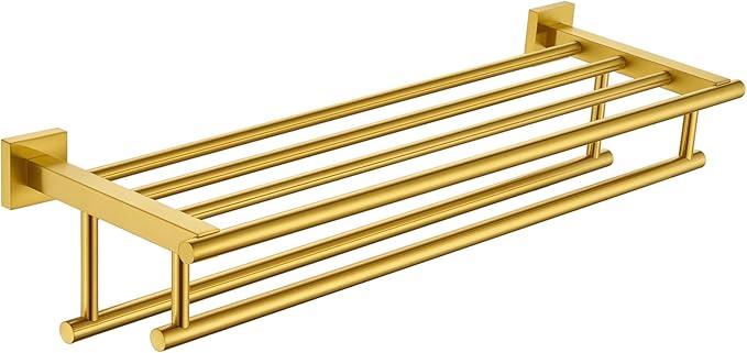 Bathroom Towel Shelf with Holder, Angle Simple SUS304 Stainless Steel Bath Towel Rack with Double Towel Bar, Wall Mount, Brushed Gold 23.62 Inches - ModernBath
