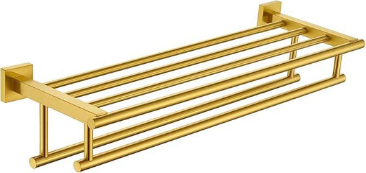 Bathroom Towel Shelf with Holder, Angle Simple SUS304 Stainless Steel Bath Towel Rack with Double Towel Bar, Wall Mount, Brushed Gold 23.62 Inches - ModernBath