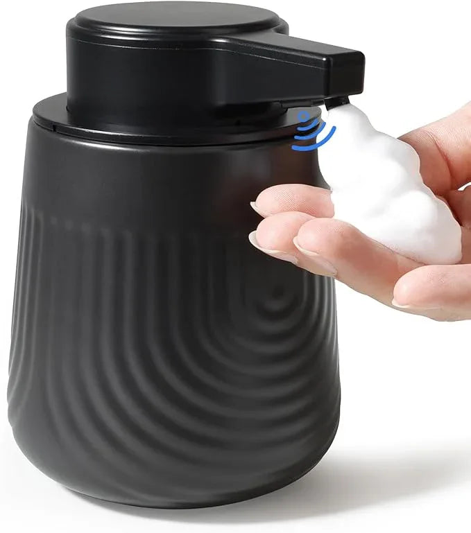 BosilunLife Ceramic Automatic Soap Dispenser with Extended Pump Nozzle, 3 Adjustable Levels, Touchless Foam Hand Wash Foaming Dispenser for Bathroom & Kitchen, Embossed Wave Design, Black, 10oz - ModernBath