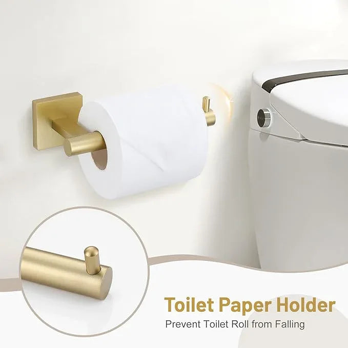 Towel Ring Set 4 Piece Bathroom Hardware Set Includes Towel Ring 2 Towel Hooks and Toilet Paper Holder Stainless Steel Wall Mounted (Brushed Gold) - ModernBath