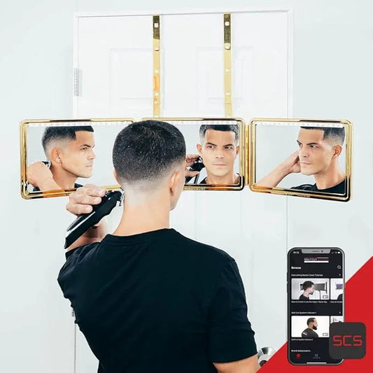 Self-Cut System Gold Plated 3 Way Mirror with Lights for Self Hair Cutting, Trifold Barber Mirror with Height Adjustable Hooks, 360 View, Includes Free Educational Mobile App (King’s Gold) - ModernBath