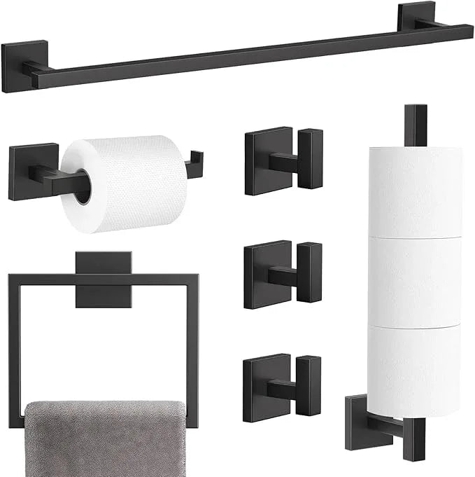 TQKAG 7-Pieces Matte Black Bathroom Hardware Accessories Set 23.6" SUS304 Stainless Steel Towel Bar Set Toilet Paper Spare Rolls Storage Holder Wall Mounted - ModernBath