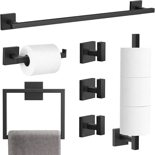 TQKAG 7-Pieces Matte Black Bathroom Hardware Accessories Set 23.6" SUS304 Stainless Steel Towel Bar Set Toilet Paper Spare Rolls Storage Holder Wall Mounted - ModernBath