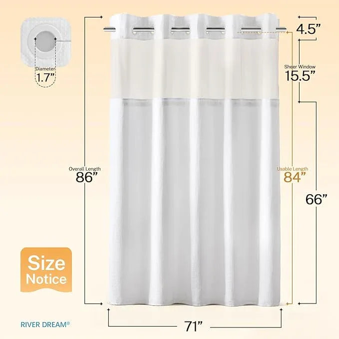 River Dream Extra Long Shower Curtains No Hooks Waffle Weave Shower Curtain with Snap in Liner - 71W x 86H,Hotel Grade,Spa Like Bath Curtain,White - ModernBath