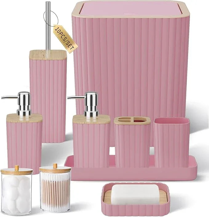 XLHOMO Bathroom Accessories Set - Elegant Pink Bathroom Set, 10PC Bathroom Accessory Set, Toilet Brush, Bathroom Trash Can - ModernBath