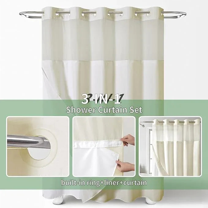 eachope Extra Long No Hook Shower Curtain with Snap-in Fabric Liner Set,Slub Textured Fabric Shower Curtains for Bathroom,Hotel Style Modern Shower Curtain,Water Repellent & Washable,71x86(84),Cream - ModernBath