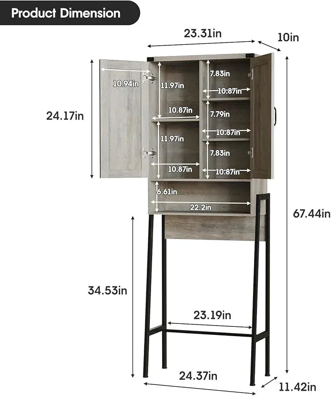Vabches Over The Toilet Storage Cabinet with 2-Door Design Bathroom Organizers and Storage with Anti-Tip Device Over Toilet Organizer with Shelves for Bathroom,Restroom,Laundry Grey - ModernBath