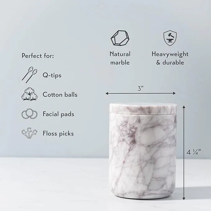 Cork & Mill Marble Bathroom Container with Lid - Holder for Qtip Swabs, Cotton Balls, Pads, Rounds, or Floss Picks - White Apothecary Jar for Q Tips - Canister for Organizing Bathroom Counter Vanity - ModernBath