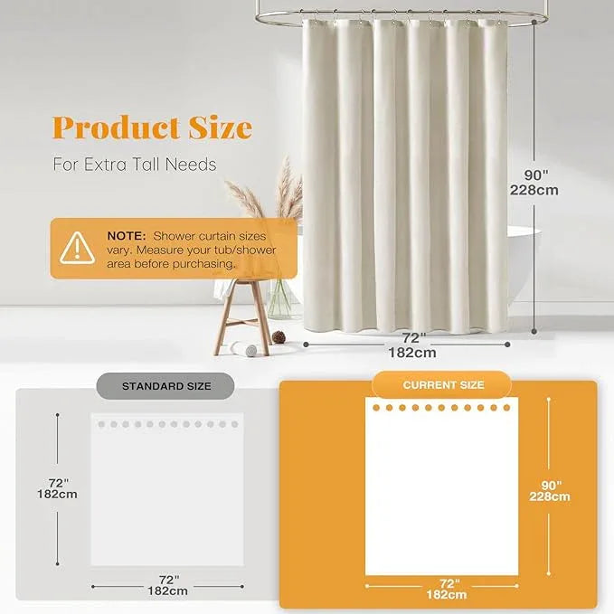 BTTN Extra Long Fabric Shower Curtain - 72 x 90 Inch Linen Textured Heavy Duty Cloth Shower Curtain Set with 12 Plastic Hooks, Large Hotel Luxury Polyester Shower Curtains for Bathroom, Light Cream - ModernBath