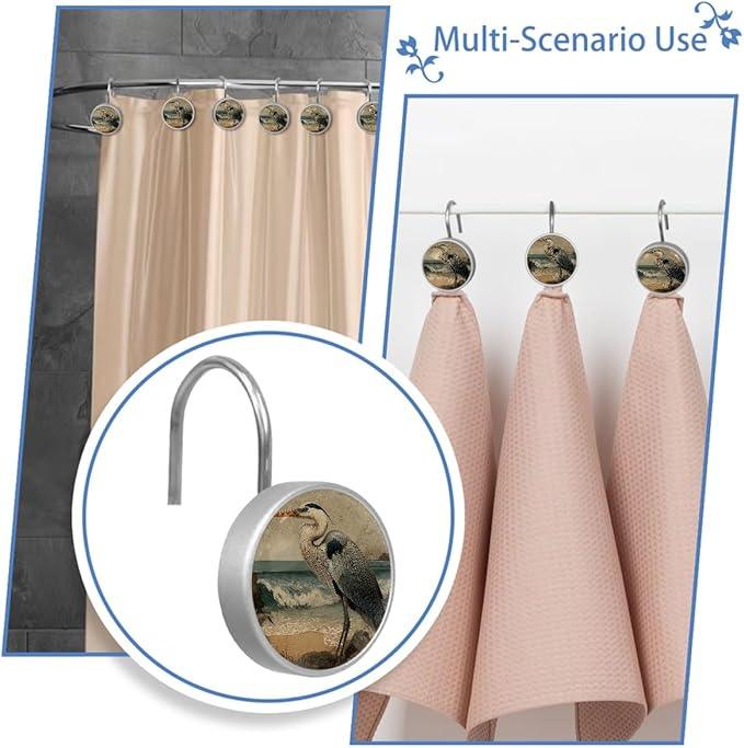 Beach Heron Shower Curtain Hooks, 12Pcs Decorative Rust Resistant Shower Rings for Shower Curtain Rods, Stainless Steel Round Curtain Hooks for Bathroom, Bedroom, Farmhouse - ModernBath